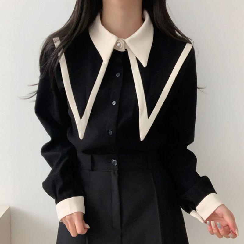 Vintage Shirts Women Korean Patchwork Black Long Sleeve Blouses Office Ladies Elegant Red Casual Chiffon Tops