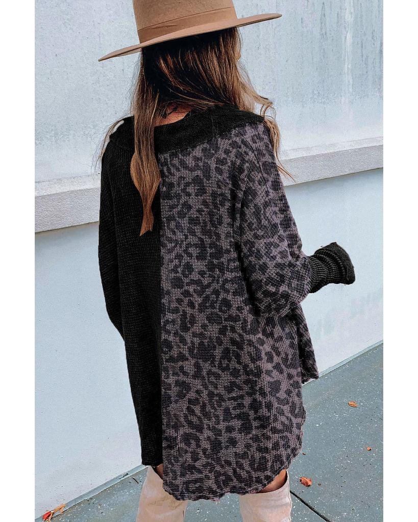 Azura Exchange Black Leopard Patchwork Waffle Knit Buttoned Blouse