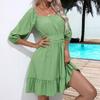 Летние женские платья с квадратным воротником в богемном стиле с рюшами и эластичной резинкой на талии выше колена, мини-платье с половиной рукавов, пуловер Mujer Vestidos