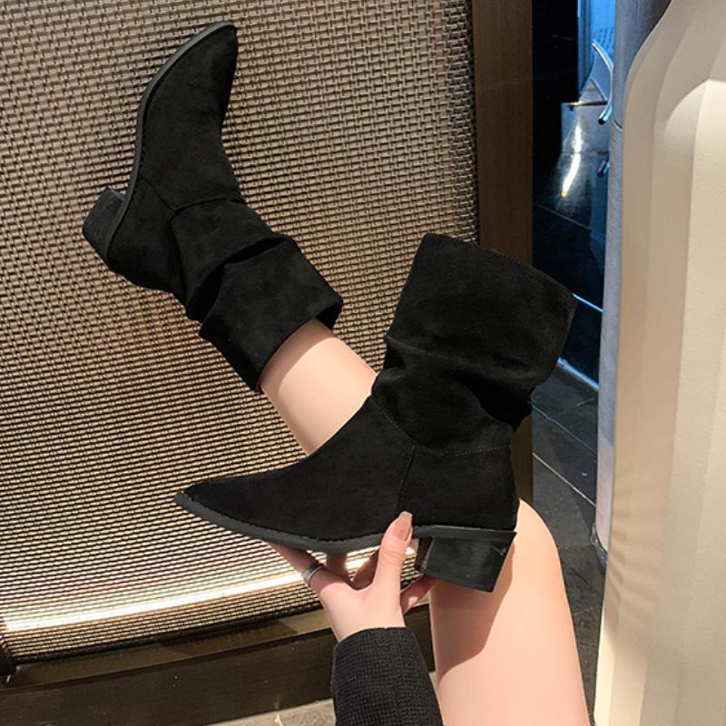 2024 Винтажные остроносые ковбойские сапоги в стиле вестерн, модные туфли без застежек, осень-зима, квадратный каблук, женские замшевые короткие ботильоны
