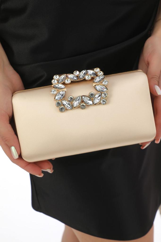 Women's Stylish and Useful Evening Dress Bag Pearl Color Satin Fabric Flower Motif Stoned Evening Dress Portfolio Clutch Evening Bag