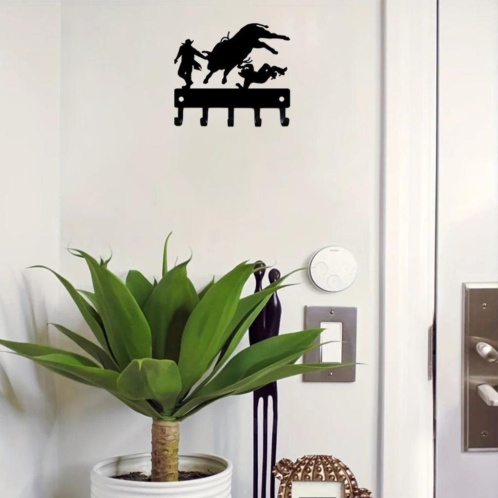1pc Cowboy Bull Rider Rodeo Clowns Key Rack Hanger - 9 Inch Wide Metal Wall Art for Western Decor