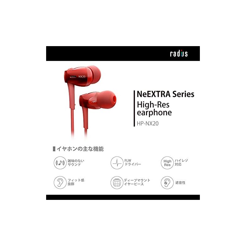 Высококачественные аудионаушники Radius HP-NX20: Серия NeEXTRA, Динамический драйвер FLW, Проводные внутриканальные наушники высокого разрешения HP-NX20R (красный)