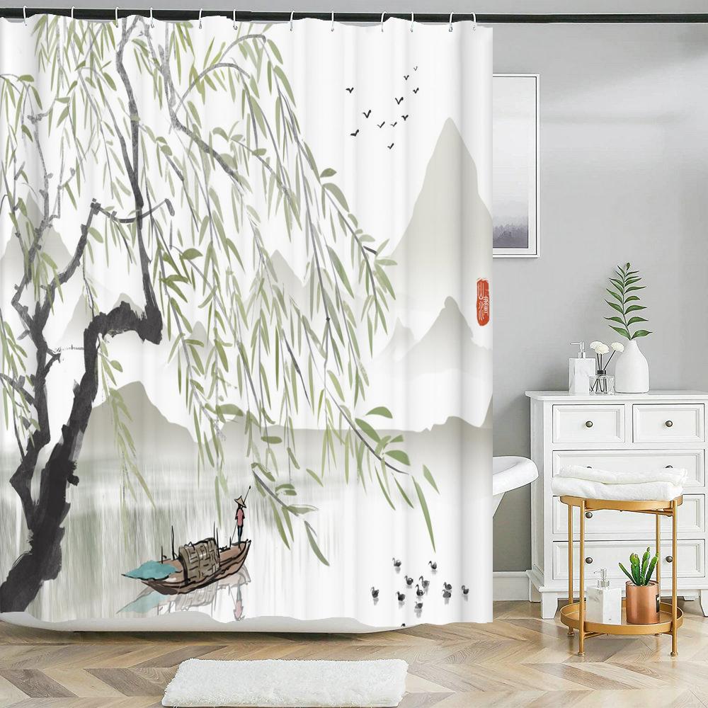 Цветы в японском стиле Слива Шторки для душа Занавеска для ванной Тканевая Водонепроницаемая Полиэстеровая Занавеска для ванной с крючками