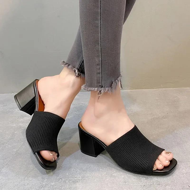 Модные вязаные туфли на высоком каблуке, тапочки, женская обувь, летние босоножки с открытым носком, 2024, модные, новые, пляжные, на массивном каблуке, для ходьбы, zapatos femme, туфли-лодочки