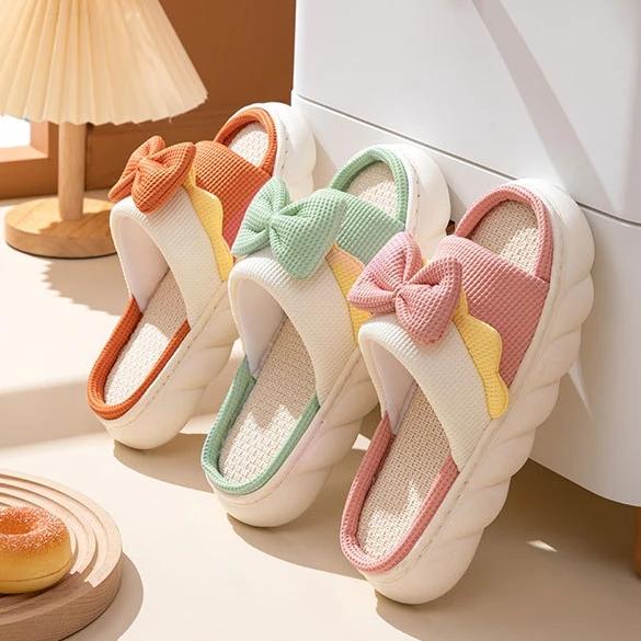 Льняные тапочки, женские домашние тапочки, удобная нескользящая домашняя хлопковая обувь, милые тапочки на плоской подошве с бантом, парные шлепанцы, весна-лето