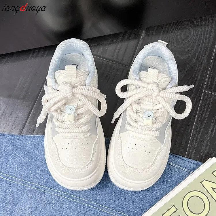 Модные женские кроссовки, новые спортивные туфли на платформе в стиле Харадзюку, женские туфли Kawaii синего цвета, модные туфли на шнуровке из вулканизированной кожи, теннисные туфли