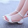 2 Cm Square Heel Shallow Mouth Strap Sandals Ivory White Silk Satin Bride White Lace Flower Sandals