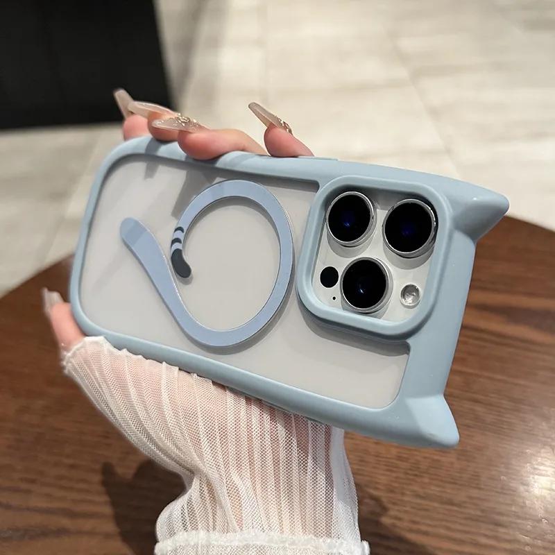 Ins Милый Кошачий Хвост Для Чехла Magsafe Для Телефона Для iPhone 17 16 15 14 13 11 12 Pro Max Бампер с Кошачьими Ушками Прозрачная Жесткая ПК Крышка