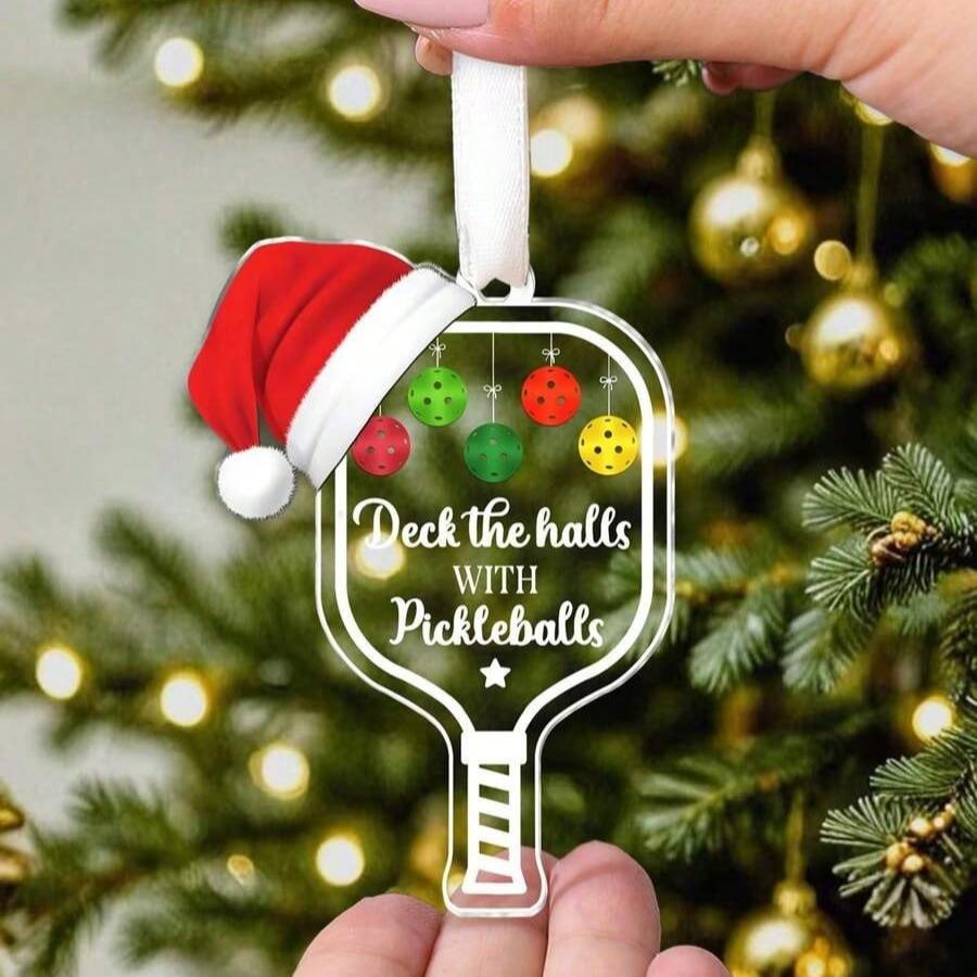 2 шт. Прозрачное акриловое украшение «Deck The Halls with Pickleball», Рождественские подвесные акриловые украшения, Персонализированное рождественское украшение для пиклбола