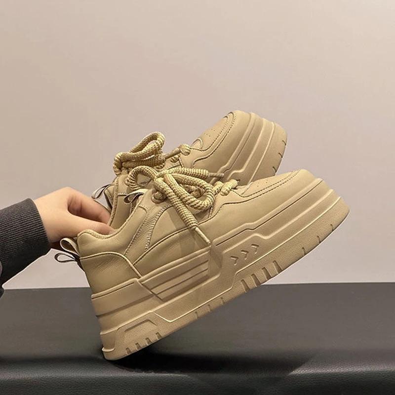 Женские кроссовки весна-осень на платформе белые туфли с круглым носком трендовые на шнуровке модные повседневные спортивные туфли повышающие рост теннисные туфли