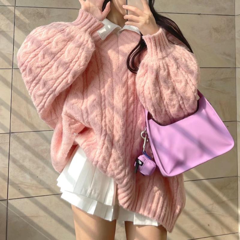 Autumn and Winter Thick V-Neck Twists Pullover Sweaters Women Fashion Solid Loose Outerwear Warm Knitted Sweater Woman Sweet Casual Warm Jumper 24756