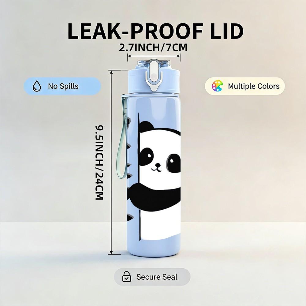 1PC Black White Panda With Small Heart Print 750ml Color Plastic Sports Water Bottle Leakproof Flip Straw Lid Suitable for Sports Office Home Use