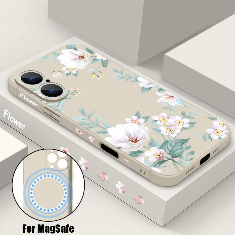 Магнитный чехол с черно-белым цветочным узором для Magsafe, для iPhone 16 Pro Max, Coque iPhone 15 Pro Max 14 13 11 17, чехол со встроенной металлической пластиной