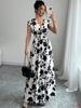 Женское платье с коротким рукавом и завязкой на талии, Длинное платье с V-образным вырезом и принтом