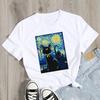 Van Gogh Starry Night Cat In The Print Women's Clothing T-shirt Aesthetic Pattern White Short Sleeved Polyester Women's T-shirt