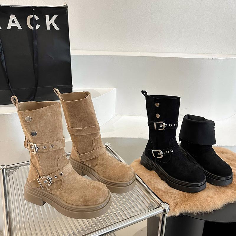 Ботинки Martin женские новые ретро замшевые на осень и зиму 2025 года, толстая подошва, пряжка на толстом каблуке, круглый носок, средние ботинки женские