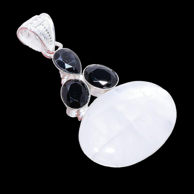 Rainbow Moonstone, Black Onyx 925 Sterling Silver Jewelry Pendant 2.3" AH-3307