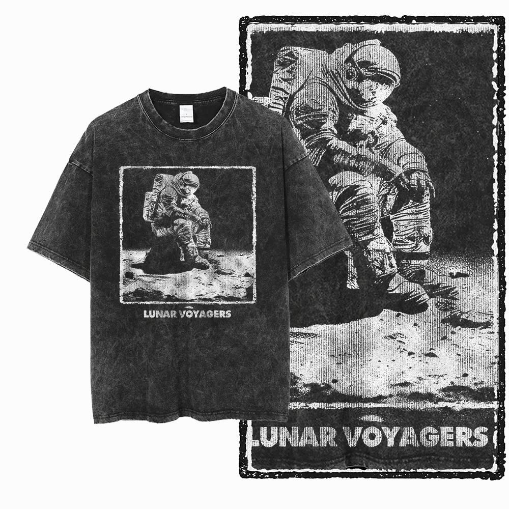 G Acid Washed Black Big Size Cotton Astronaut Printed Unisexs Tshirt Streetwear Cool Vintage Oneck Unisexs Tee Tshirt