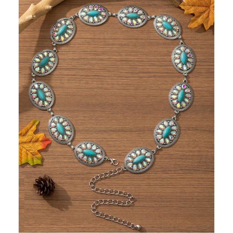 Womens Bohemian Waist Chain Belt With Turquoise Floral Inlay Minimalist Metal Adjustable 115cm Length
