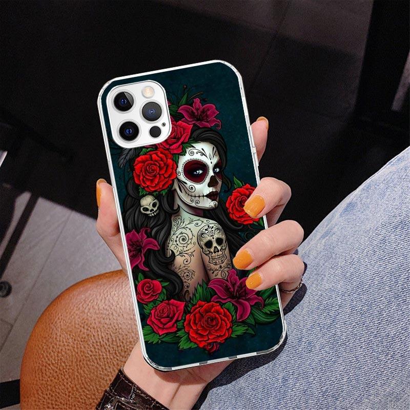 Catrina Beautiful Rose Girl Skull Phone Case For iPhone 17 Air 16 Pro Max 16E 15 + 14 Plus 11 12 13 Mini 7 8 SE Gift Print Cover