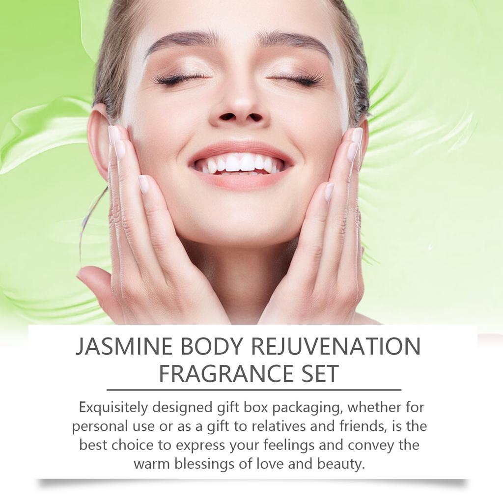 Jasmine Body Skincare Set Gently cleanses and moisturizes the skin with a mild jasmine fragrance that lingers