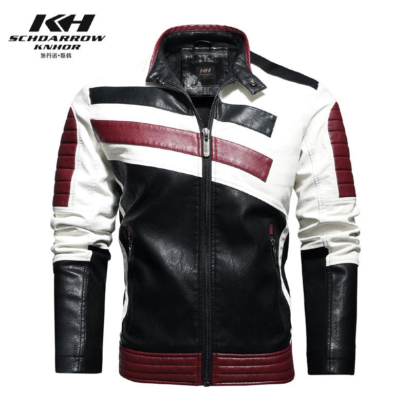 Мужская мотоциклетная кожаная куртка с воротником-стойкой, мотоциклетный гоночный костюм, лоскутная цветная куртка из искусственной кожи, модная брендовая куртка
