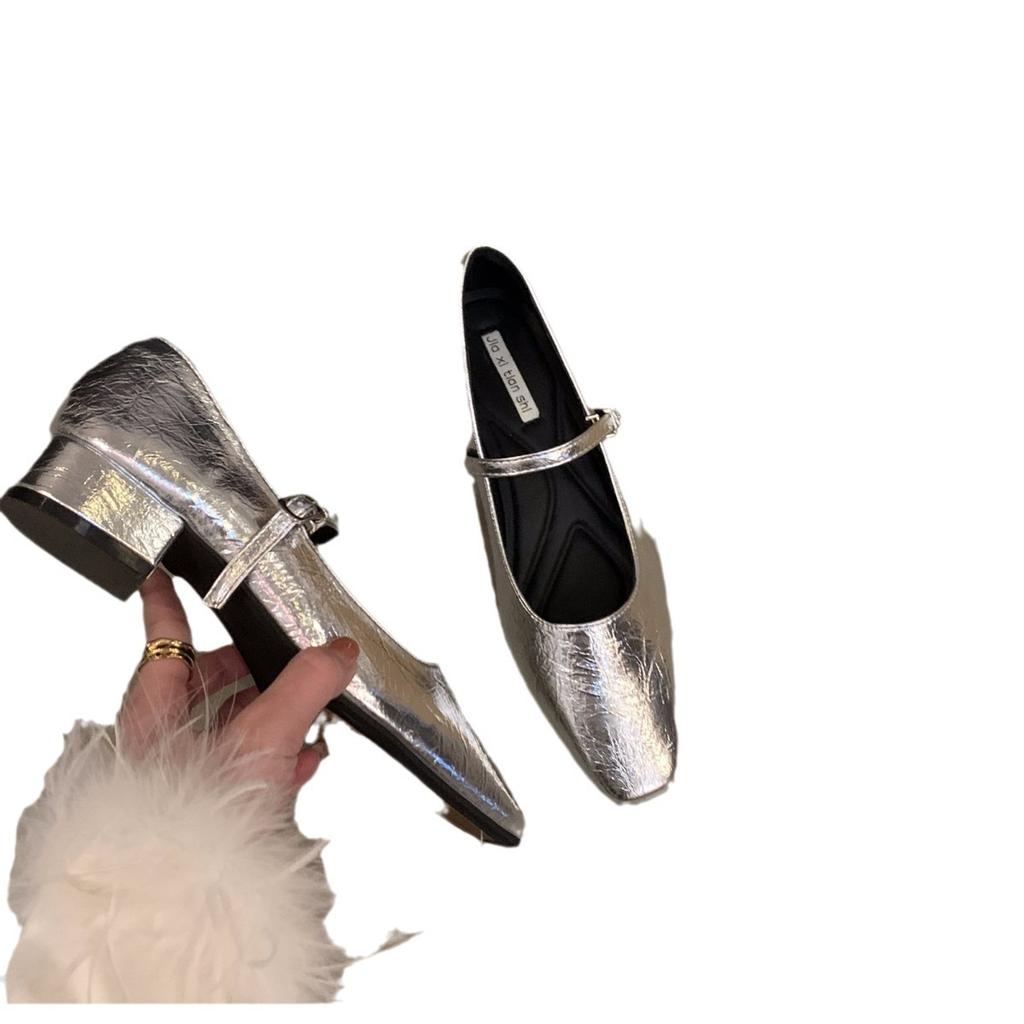 Coarse heel silver Mary Jane single shoes women's shoes 2025 new spring and autumn square head French spring with skirt evening shoes