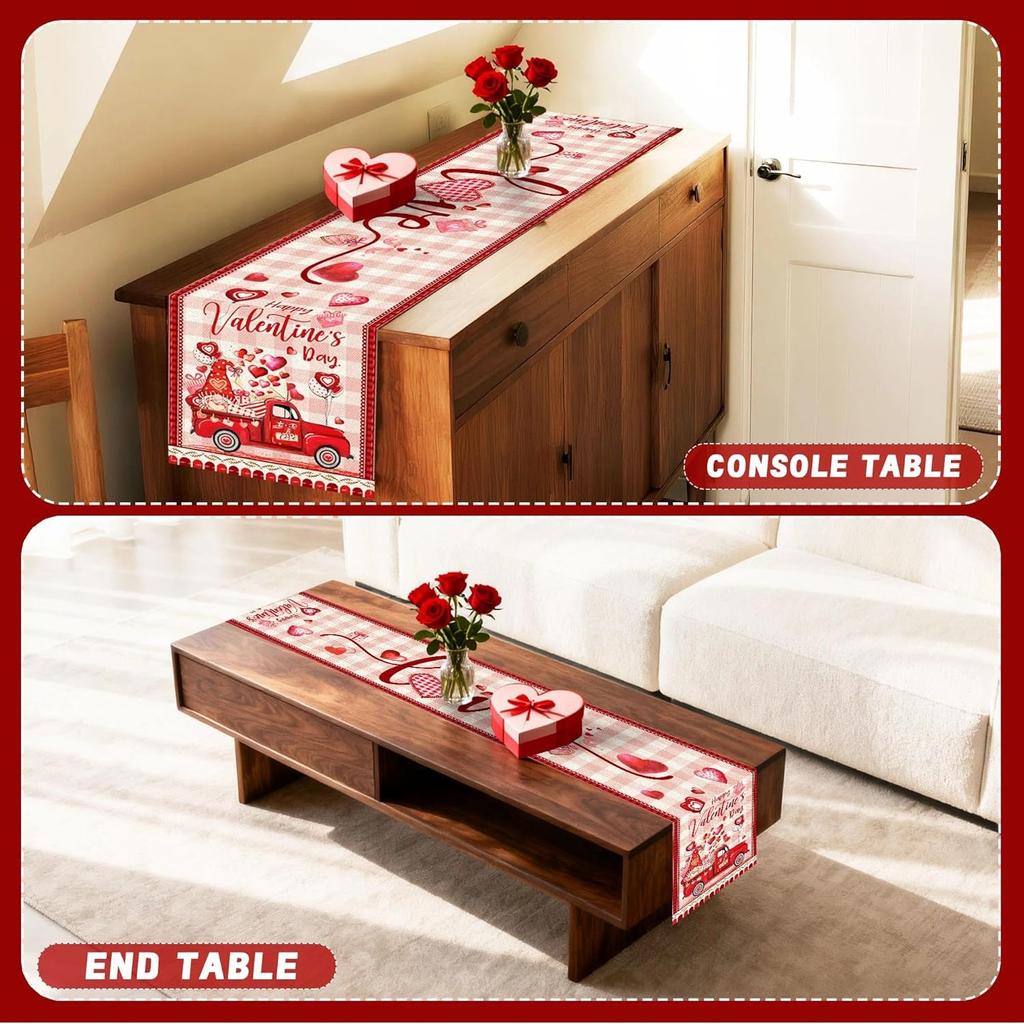 pinata Valentine Table Runner, Valentines Day Table Runner Hearts Gnomes Truck Buffalo Plaid Wedding Anniversary Decoration for Home Dinner Kitchen