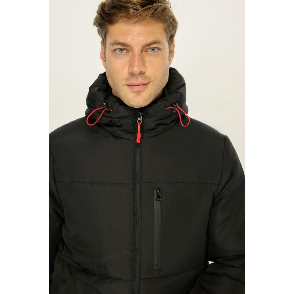 Мужское черное ветрозащитное стеганое зимнее пальто с капюшоном из волокна