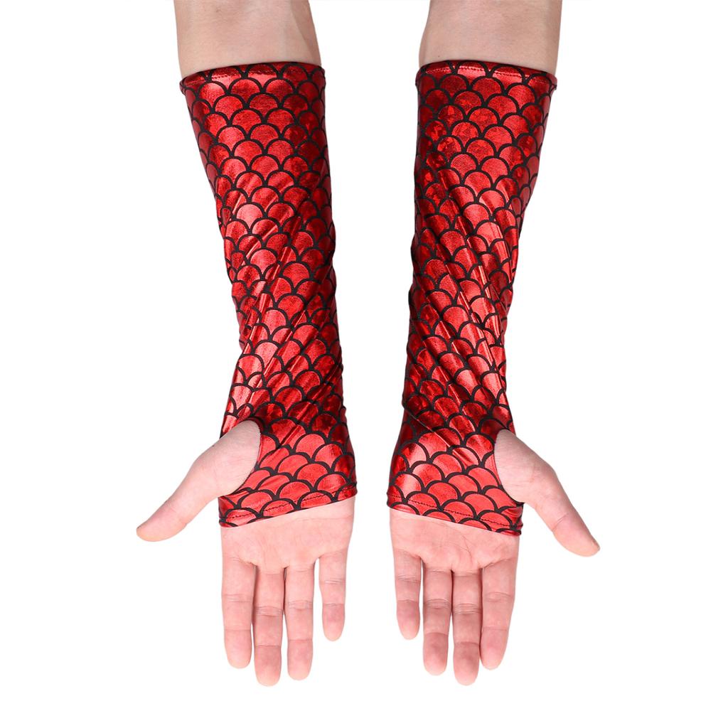 Mermaid Costume Fish Scale Pattern Printed Fingerless Long Gloves Arm Sleeves Adult Halloween Dance Club Party Cosplay Accessory
