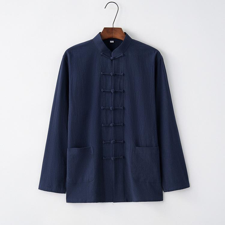 Мужской китайский хлопково-льняной костюм Тан с длинным рукавом и застежками-лягушками, рубашка для кунг-фу - Ханфу, топ для дзен-медитации для мужчин среднего и пожилого возраста (весна)