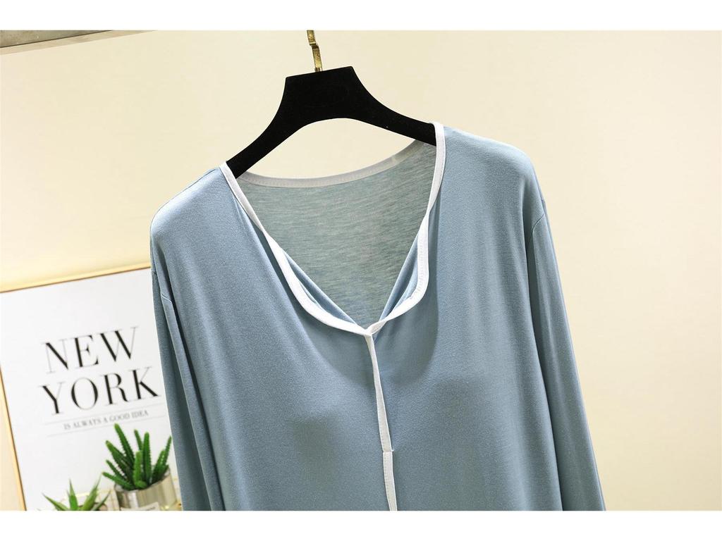 Модальный пижамный комплект с длинным рукавом и нагрудными вкладышами для женщин - Повседневный двухпредметный комплект на осень/зиму с отделкой