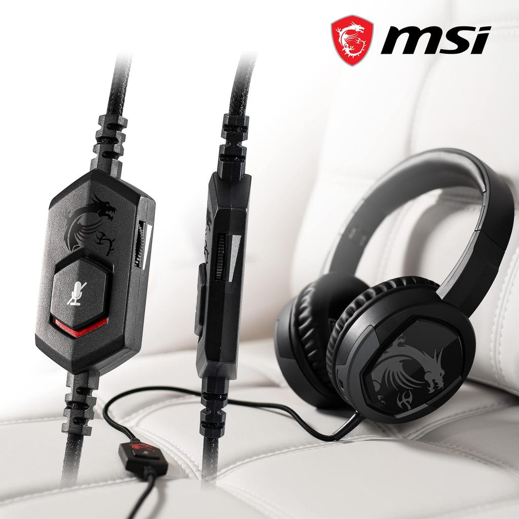 MSI IMMERSE GH30 V2 Gaming with Iconic MSI Dragon Wired Splitter 40mm Detachable and Easy Folding Design Headset, Black, Logo, In-Line Audio,