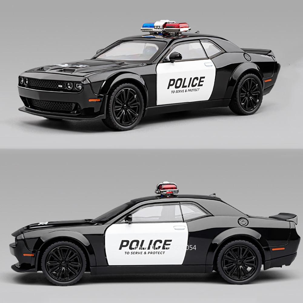 LYZRC 2024 New Scale 1:22 Hell Cat Challenger SRT Police Car Model Toys Alloy Diecast 4 Doors Opened Sound Light Pull Back Vehicle Gift for Kid