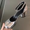 Женские туфли с разделенным носком на среднем каблуке Мэри Джейн Круглый высокий каблук Женская обувь Ремешок с пряжкой Мелкие сандалии Обувь Однотонная Стильная