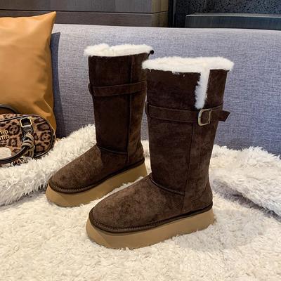 Ботинки средней высоты на плоской подошве с зимними сапогами без застежек и круглым носком 2024 года, модная женская обувь на среднем каблуке с пряжкой, новинка, женские сапоги