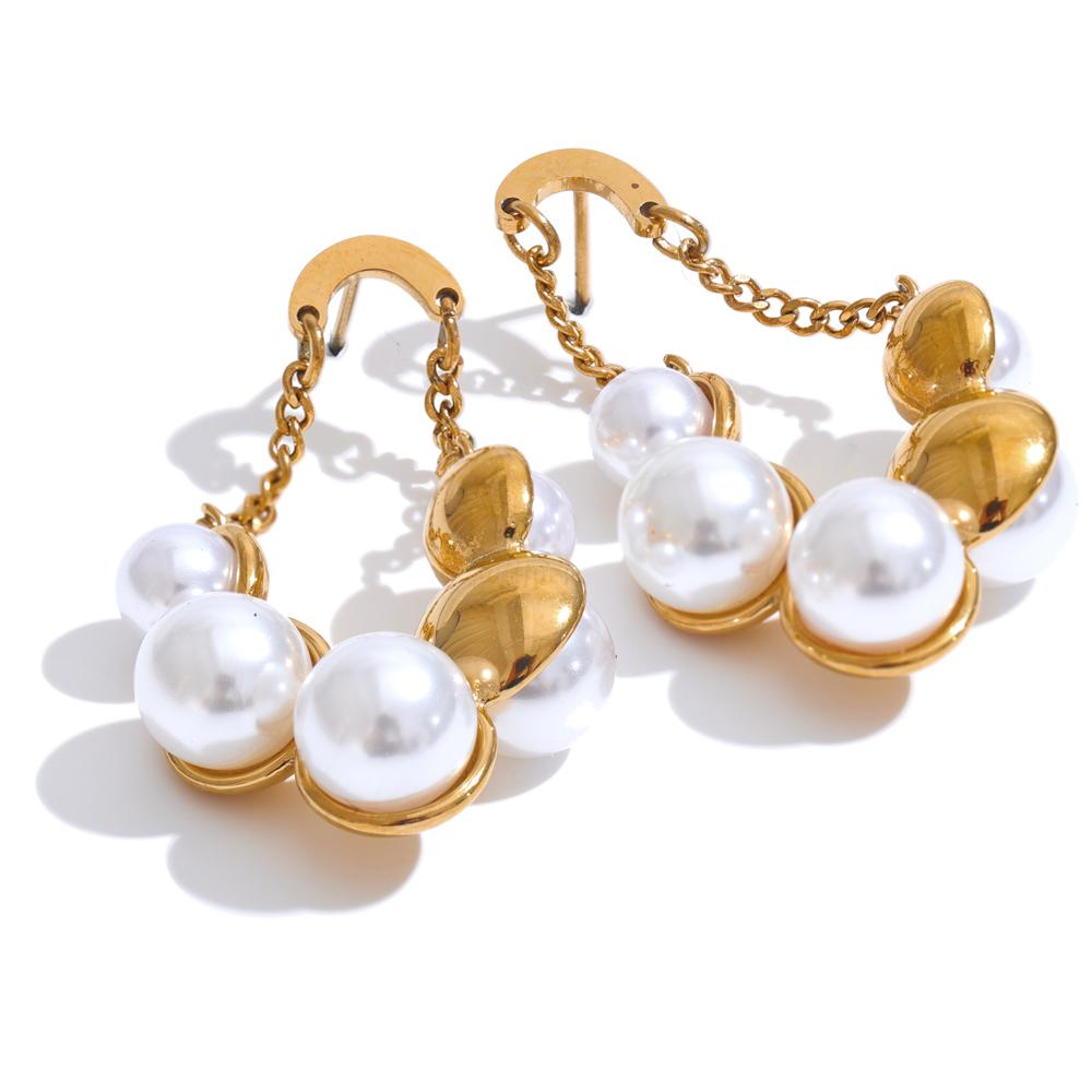 Yhpup Elegant Imitation Pearls Geometric Chain Drop Earrings for Women Stainless Steel Exquisite Daily Jewelry Bijoux Gift