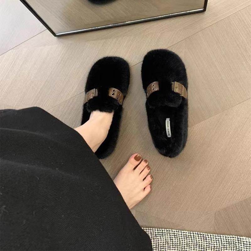 2024 Winter Warm Ladies Flat with Furry Shoes Fashion Buckle Strap Women Mules Fur Casual Flats Outdoor Indoor Female Loafers