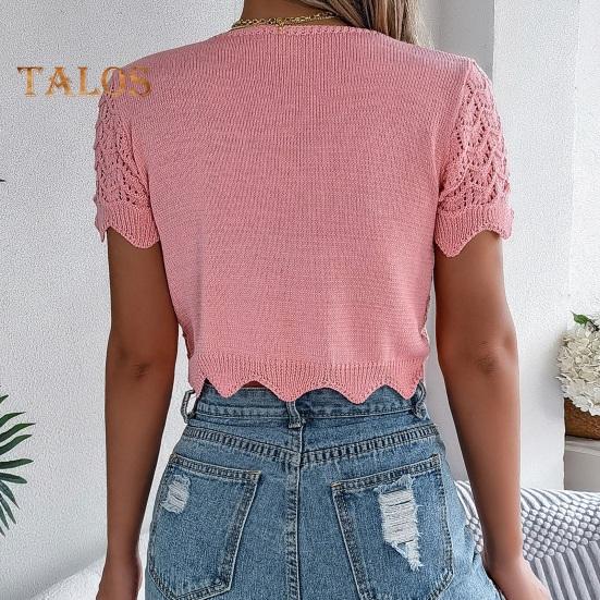 Women Crochet Tops Short Sleeve Lace-up Hollow Design Knitting Tops Sun Protection Summer Vacation Tops