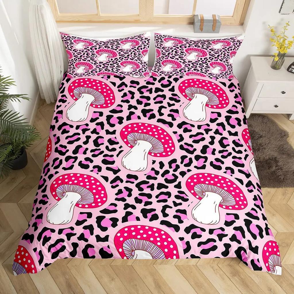 Mushroom Duvet Cover Set Burgundy Plant Fallen Leaves Bedding Set 2/3pcs For Boys Snail Print King Size Soft Comforter Cover