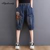 Korean Style Summer Women Blue Denim Capris High Waist Cartoon Character Embroidery Casual Loose Knee-Length Jeans With Pockets