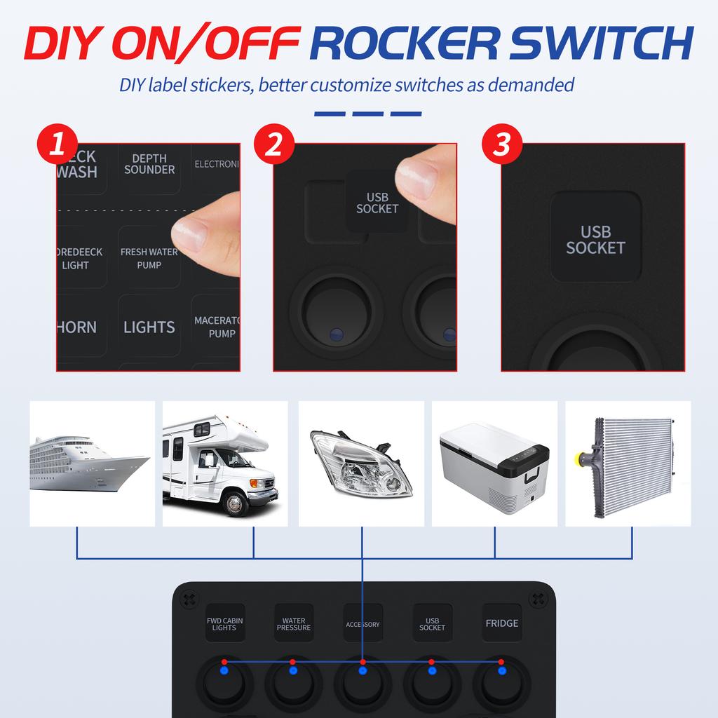 DaierTek 5 Gang Boat Switch Panel Waterproof Car Switch Panel 2.4A Dual USB Port 12V Outlet Digital Voltmeter Blue LED For Auto