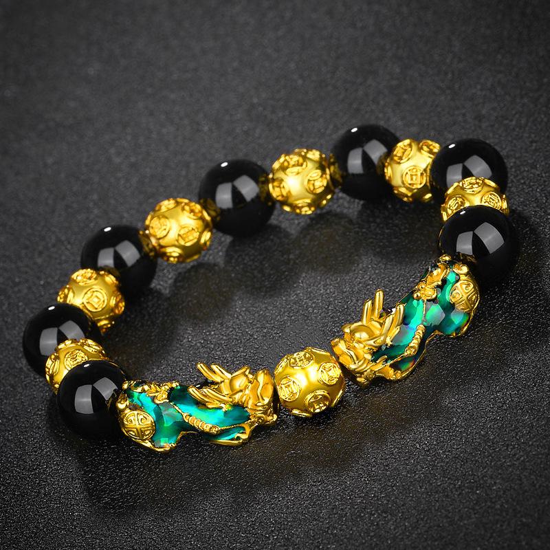 Vietnamese Sand Gold Color-Changing Pixiu Leather Bracelet with Obsidian Six Character Mantra - Unisex Douyin Style.