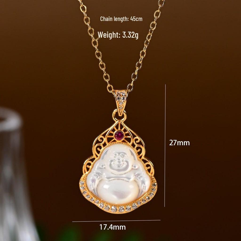 S925 Sterling Silver Mother-of-Pearl Buddha Pendant Necklace - Chinese Style Classic Clavicle Chain (X136)