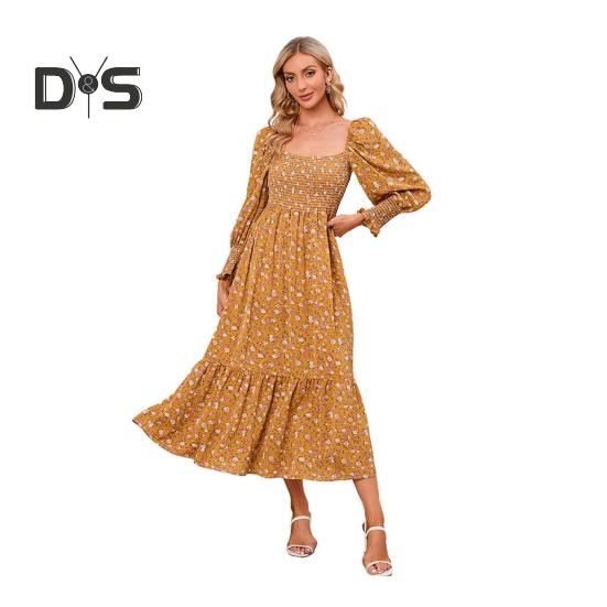 Женское платье с длинными рукавами, цветочным принтом, А-силуэтом, квадратным вырезом, миди-платьем, эластичным бюстом, открытой спиной, плиссированным подолом, весна-осень