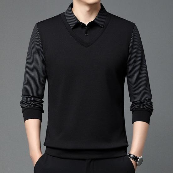 Мужская рубашка осень-весна с отложным воротником, имитация двухсекционного свитера в стиле пэчворк, большой размер, полосатая пуговица, формальный деловой стиль, мужской офисный топ