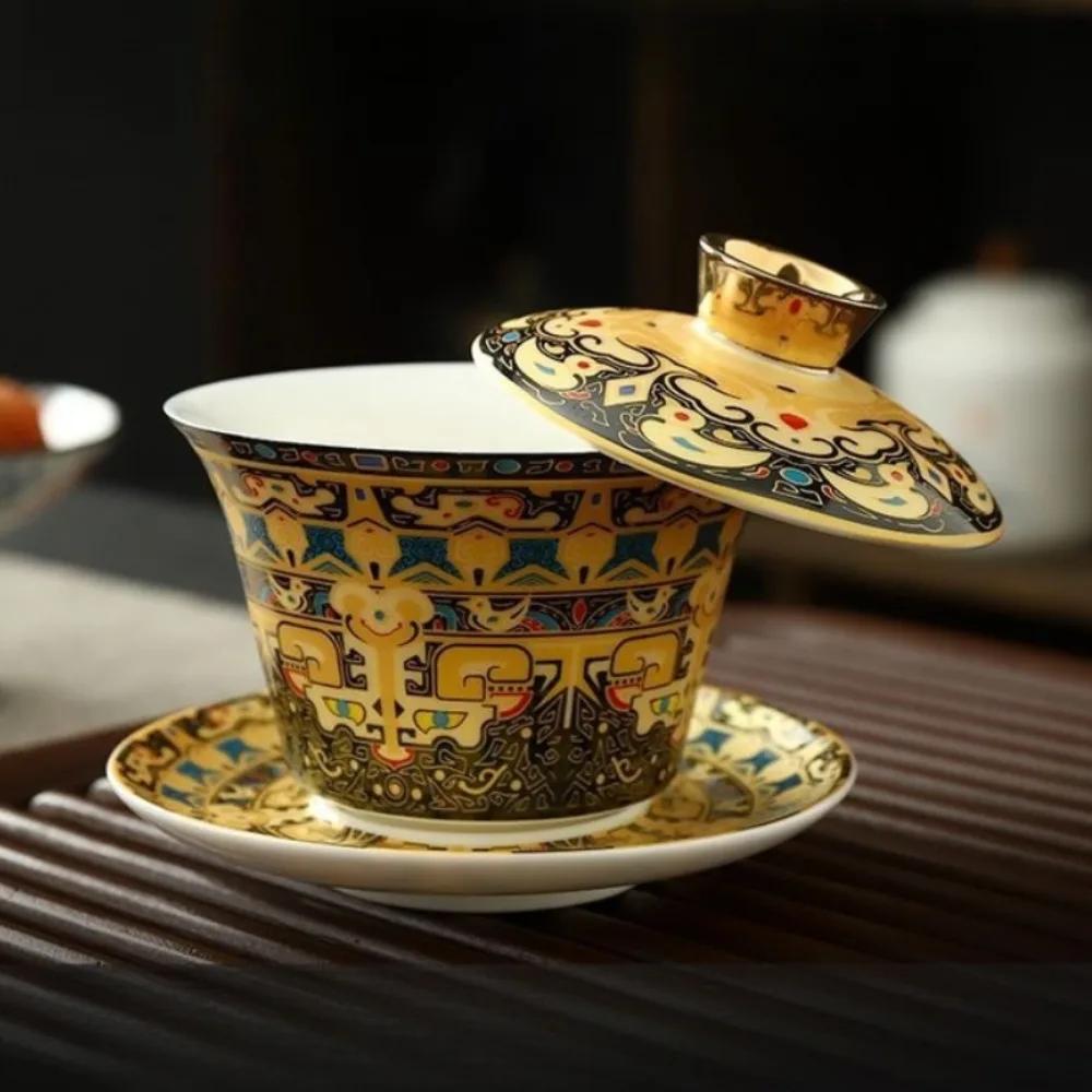 Большая позолоченная крытая чаша в китайском стиле, эмалированная цветная керамика Саньцай, чайная чаша в ретро стиле, позолоченный серебряный чайный сервиз в дворцовом стиле