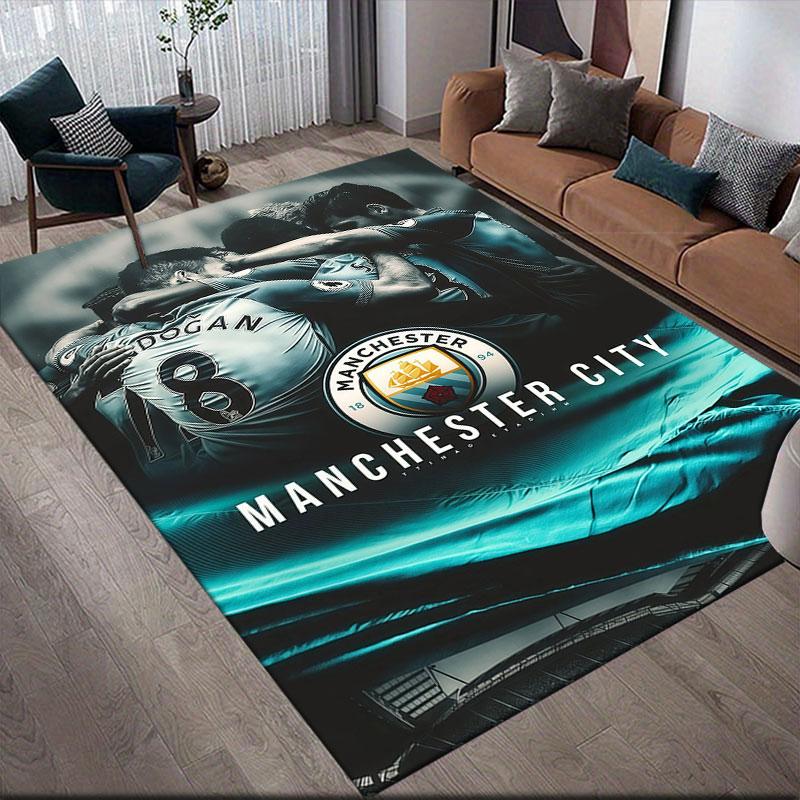 Man City Flannel Printed Carpet, Home Sofa Decoration for Living Room & Bedroom, Non‑Slip Play Flannel Floor Mat for Game Room