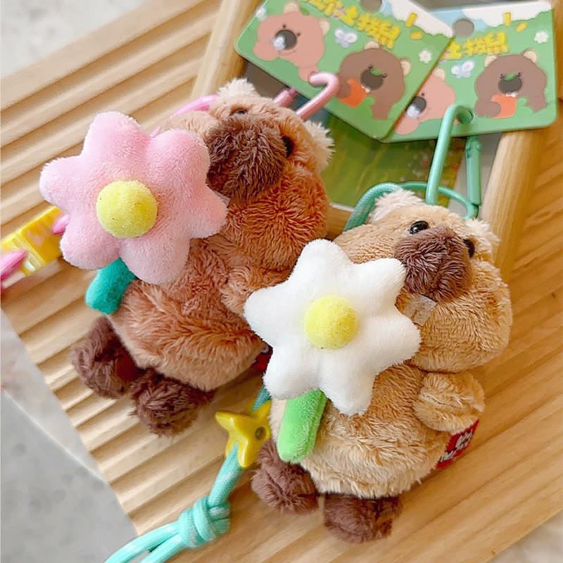 Groundhog Picking Flower Plush Pendant Cute Cartoon Animal Keychain Small Gift